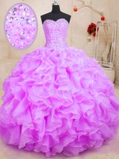 Eye-catching Purple Ball Gowns Beading and Ruffles Sweet 16 Dresses Lace Up Organza Sleeveless Floor Length