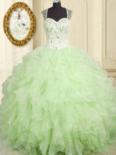 Simple Yellow Green Ball Gowns Beading and Ruffles Sweet 16 Dresses Lace Up Organza Sleeveless Floor Length