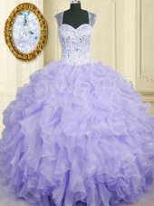 Elegant Lavender Lace Up Straps Beading and Ruffles Sweet 16 Quinceanera Dress Organza Sleeveless