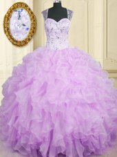 Lavender Sleeveless Floor Length Beading and Ruffles Zipper Sweet 16 Dresses
