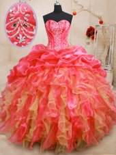 Sophisticated Sleeveless Floor Length Beading and Ruffles Lace Up 15th Birthday Dress with Red