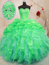 Comfortable Sleeveless Floor Length Beading and Ruffles Lace Up 15th Birthday Dress with Green