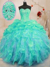 Spectacular Turquoise Sleeveless Organza Lace Up Quinceanera Dress for Military Ball and Sweet 16 and Quinceanera