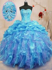 Clearance Sweetheart Sleeveless Quinceanera Gowns Floor Length Beading and Ruffles Aqua Blue Organza