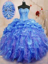 Adorable Blue Ball Gowns Beading and Ruffles 15 Quinceanera Dress Lace Up Organza Sleeveless Floor Length