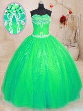 Suitable Sleeveless Floor Length Beading Lace Up Sweet 16 Quinceanera Dress with Green