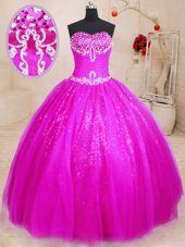 On Sale Fuchsia Sleeveless Tulle and Sequined Lace Up Ball Gown Prom Dress for Military Ball and Sweet 16 and Quinceanera