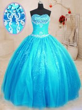 Smart Baby Blue Tulle and Sequined Lace Up Sweet 16 Quinceanera Dress Sleeveless Floor Length Beading and Appliques