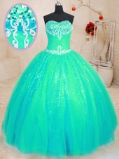 High End Sweetheart Sleeveless Tulle and Sequined Quinceanera Gown Beading and Appliques Lace Up