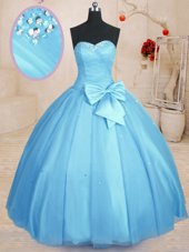 On Sale Floor Length Lace Up Sweet 16 Dresses Baby Blue and In for Military Ball and Sweet 16 and Quinceanera with Beading and Bowknot