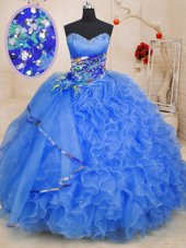 Hot Sale Floor Length Lace Up Quince Ball Gowns Blue and In for Military Ball and Sweet 16 and Quinceanera with Beading and Ruffles