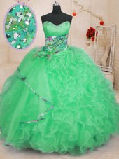 High Quality Apple Green Sleeveless Floor Length Beading and Ruffles Lace Up Quince Ball Gowns
