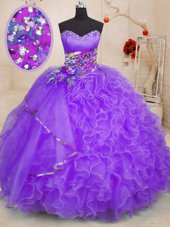 Free and Easy Lavender Ball Gowns Organza Sweetheart Sleeveless Beading and Ruffles Floor Length Lace Up Ball Gown Prom Dress