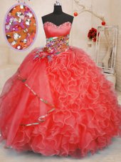 High End Coral Red Sleeveless Organza Lace Up Quinceanera Dresses for Military Ball and Sweet 16 and Quinceanera