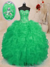 Deluxe Teal and Green Ball Gowns Beading and Ruffles Quince Ball Gowns Lace Up Organza Sleeveless Floor Length