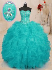 Decent Organza Sweetheart Sleeveless Lace Up Beading and Ruffles 15th Birthday Dress in Aqua Blue