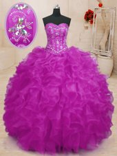 Most Popular Fuchsia Ball Gowns Beading and Ruffles 15th Birthday Dress Lace Up Organza Sleeveless Floor Length