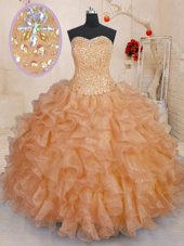 Latest Sweetheart Sleeveless Quinceanera Gowns Floor Length Beading and Ruffles Orange Organza