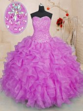 Hot Sale Purple Ball Gown Prom Dress Military Ball and Sweet 16 and Quinceanera and For with Beading and Ruffles Sweetheart Sleeveless Lace Up