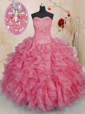 Clearance Pink Lace Up Quinceanera Dress Beading and Ruffles Sleeveless Floor Length