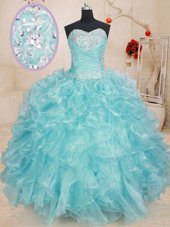 Attractive Blue Organza Lace Up Quinceanera Gowns Sleeveless Floor Length Beading and Ruffles