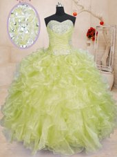 High End Yellow Green Lace Up 15 Quinceanera Dress Beading and Ruffles Sleeveless Floor Length