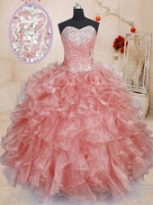 Fashion Floor Length Watermelon Red Quinceanera Dress Organza Sleeveless Beading and Ruffles