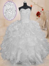 Traditional Floor Length White Quinceanera Dresses Organza Sleeveless Beading and Ruffles