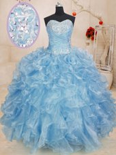 Noble Blue Sleeveless Organza Lace Up Sweet 16 Quinceanera Dress for Military Ball and Sweet 16 and Quinceanera