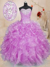 Simple Sleeveless Floor Length Beading and Ruffles Lace Up Ball Gown Prom Dress with Lilac