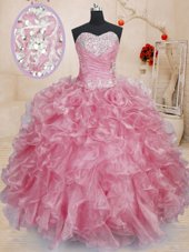 New Style Beading and Ruffles Vestidos de Quinceanera Pink Lace Up Sleeveless Floor Length
