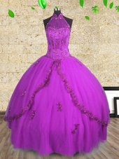 Halter Top Sleeveless Lace Up 15th Birthday Dress Purple Tulle