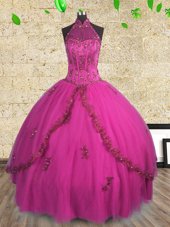 Nice Halter Top Sleeveless Sweet 16 Dresses Floor Length Beading Fuchsia Tulle