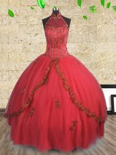 Fabulous Halter Top Beading 15th Birthday Dress Red Lace Up Sleeveless Floor Length