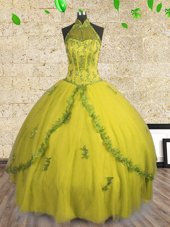 Delicate Halter Top Floor Length Yellow Vestidos de Quinceanera Tulle Sleeveless Beading