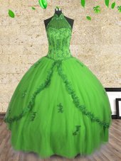 Traditional Halter Top Floor Length Lace Up Quinceanera Gowns for Military Ball and Sweet 16 and Quinceanera with Beading