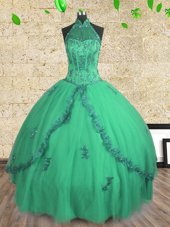 Simple Halter Top Floor Length Turquoise Quinceanera Dresses Tulle Sleeveless Beading