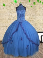 Sexy Floor Length Blue Quinceanera Gown Halter Top Sleeveless Lace Up
