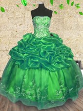 Delicate Sleeveless Organza Floor Length Lace Up Quinceanera Gowns in Green for with Beading and Embroidery