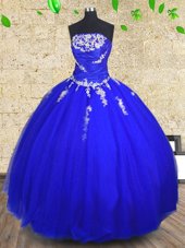 Tulle Strapless Sleeveless Lace Up Appliques and Ruching 15th Birthday Dress in Royal Blue