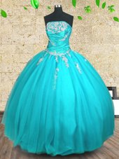 Admirable Strapless Sleeveless Lace Up 15 Quinceanera Dress Aqua Blue Tulle