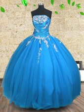 Chic Blue Strapless Neckline Appliques and Ruching 15th Birthday Dress Sleeveless Lace Up