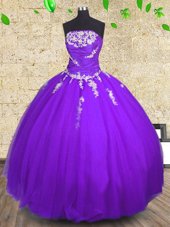 Modern Purple Ball Gowns Appliques and Ruching Quince Ball Gowns Lace Up Tulle Sleeveless Floor Length