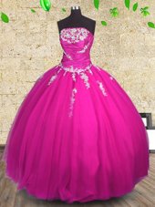 Custom Fit Strapless Sleeveless Tulle Vestidos de Quinceanera Appliques and Ruching Lace Up