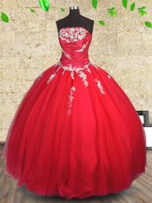 Decent Red Lace Up Strapless Appliques and Ruching Vestidos de Quinceanera Tulle Sleeveless
