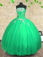 Glamorous Green Ball Gowns Strapless Sleeveless Tulle Floor Length Lace Up Embroidery and Ruching 15 Quinceanera Dress