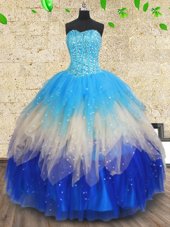 Graceful Multi-color Tulle Lace Up Ball Gown Prom Dress Sleeveless Floor Length Beading and Ruffles and Ruffled Layers