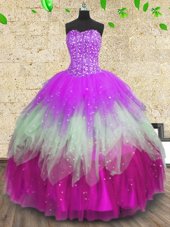 Luxury Sweetheart Sleeveless 15 Quinceanera Dress Floor Length Beading and Ruffles and Ruffled Layers Multi-color Tulle