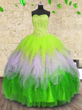 Custom Fit Multi-color Ball Gowns Sweetheart Sleeveless Tulle Floor Length Lace Up Beading and Ruffles and Sequins Quinceanera Dresses