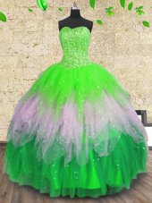 Amazing Multi-color Tulle Lace Up Sweetheart Sleeveless Floor Length Sweet 16 Quinceanera Dress Beading and Ruffles and Sequins